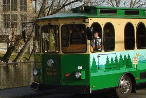 View of the Fun Time Trolley servicing Pigeon Forege, Gatlingburg and Sevierville Tn