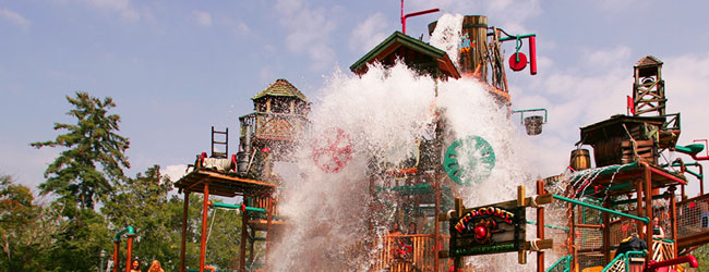 View of the Bear Mountain Fire Tower Splash Park for Kids at the Dollywood Splash Country Water Park wide