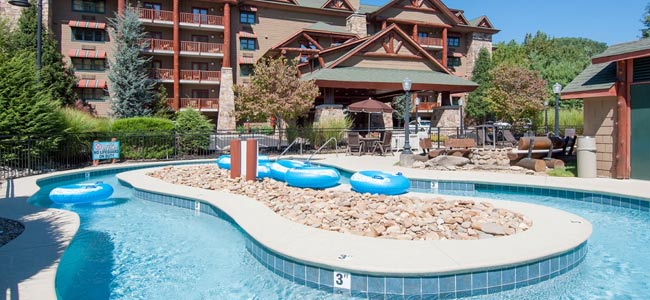 View of the Lazy River in front of the Bearskin Lodge on the River in Gatlinburg Tn Wide