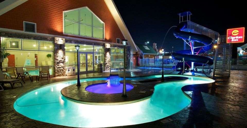 Night shot of the Lazy River at Clarion Inn Dollywood Area 960