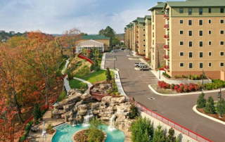 View of the Condos overlooking the Lazy River at the Riverstone Resort in Pigeon Forge