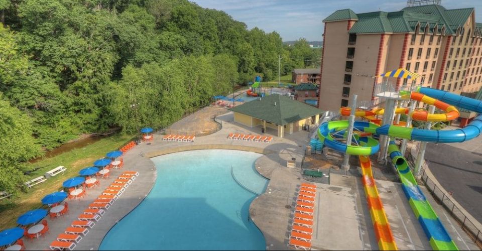 Overview of the Water Park from above at the Country Cascades Resort in Pigeon Forge Tn 960
