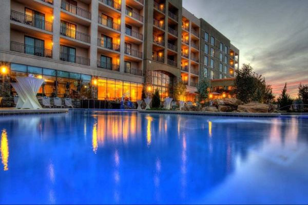View of the Outdoor Pool Heated Pool with Lazy River from the water at the Courtyard Marriott in Pigeon Forge 600