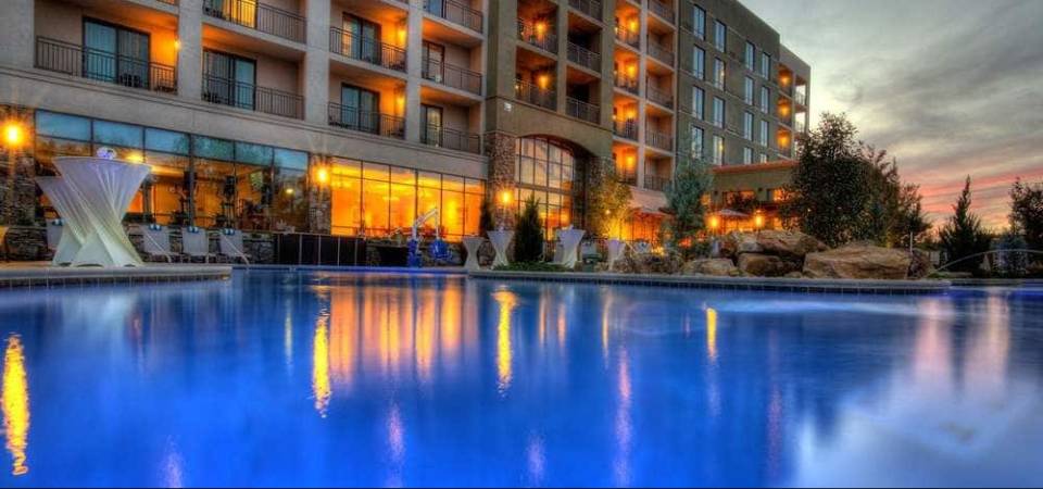 View of the Outdoor Pool Heated Pool with Lazy River from the water at the Courtyard Marriott in Pigeon Forge 960