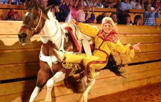 Female Horse Rider performing tricks at the Dixie Stampede in Pigeon Forge