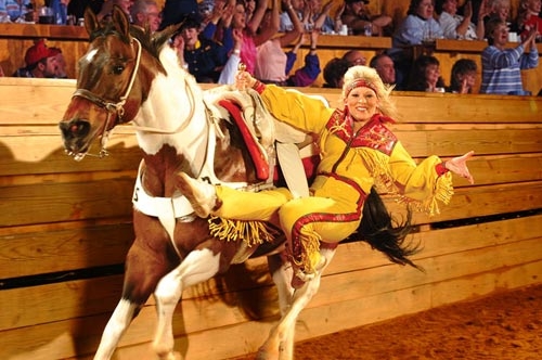 Female Horse Rider performing tricks at the Dixie Stampede in Pigeon Forge