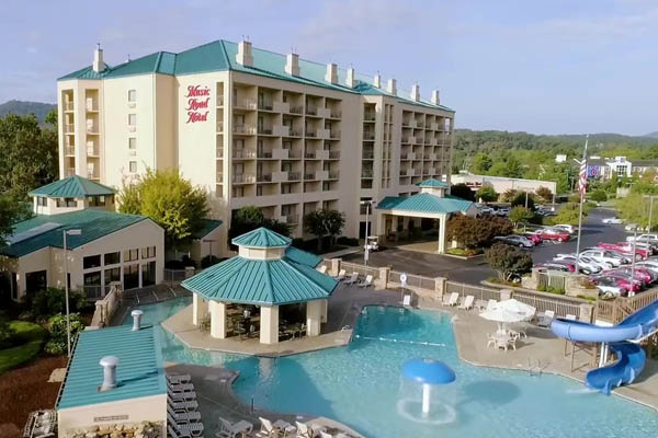 Outdoor Water Park with Music Road Hotel in Background 600