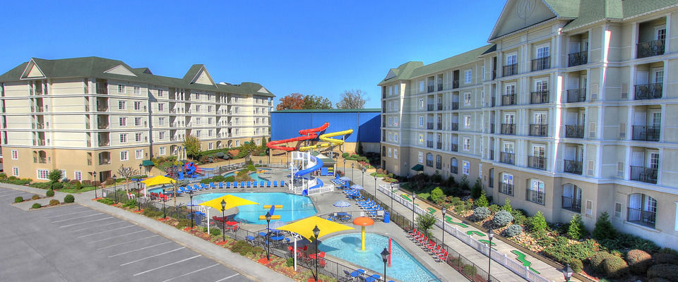 View of the Outdoor Water Park between the main buildings at the Resort at Governors Crossing in Sevierville Tn