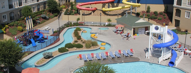 View of the Outdoor Water Play area at Governors Crossing Resort with Lazy River, 1 Outdoor and 2 Indoor Water Slides wide