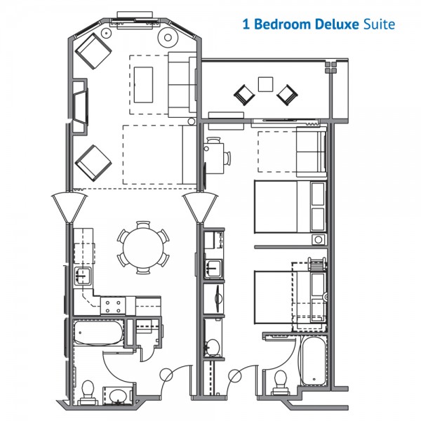 Floorplan of the 1 Bedroom Deluxe Suite at the Wilderness at the Smokies Resort River Lodge