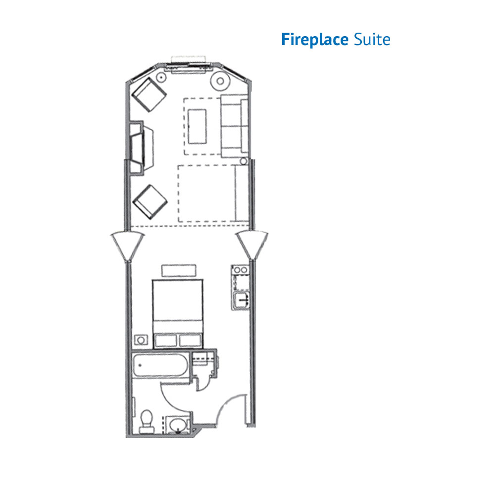 Floorplan of the Fireplace Suite at the River Lodge