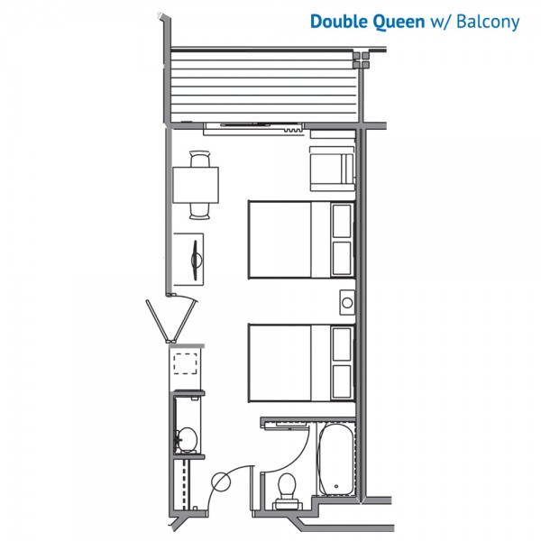 Floorplan of the Double Queen Room with Balcony at the Stone Hill Lodge