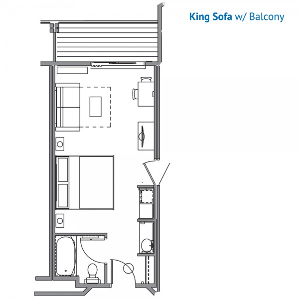Floorplan of the King Room with Sleeper Sofa and a Balconey at the Stone Hill Lodge