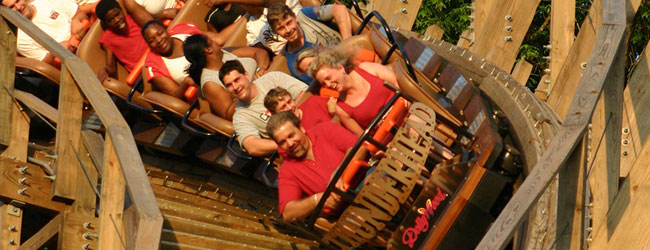 Fun at Dollywood riding the huge Wooden Thunderhead Roller Coaster wide