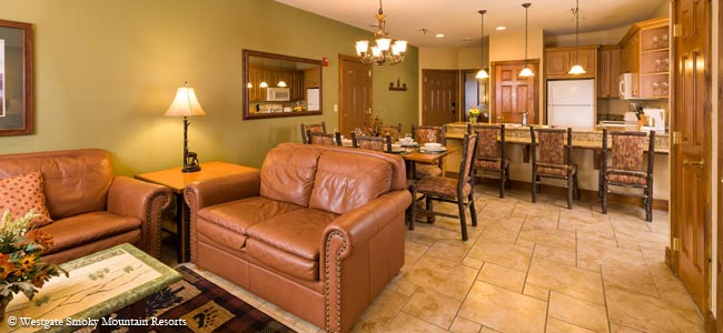 View of the Living. Dining and Kitchen area in a condo at the Westgate Smokey Mountain Resort wide