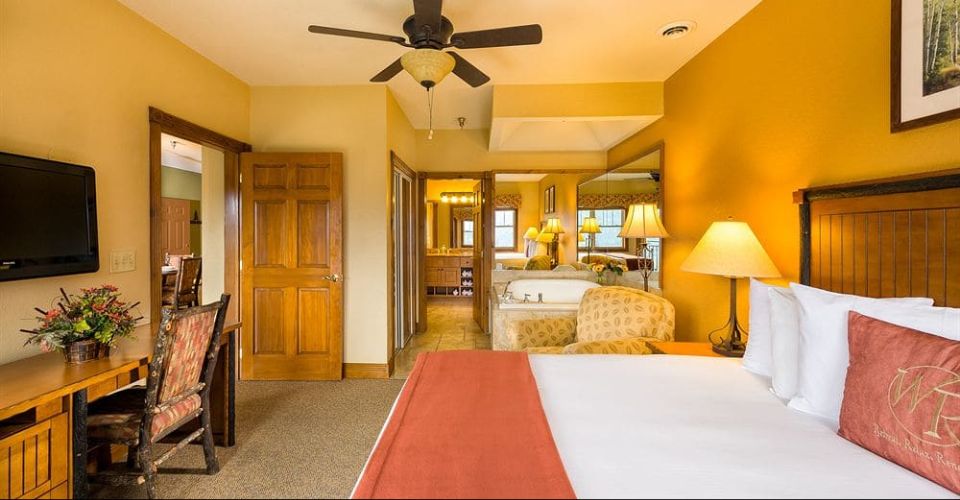 View of two bedroom villa master bedroom with jacuzzi tub at the Westgate Smoky Mountain Resort in Gatlinburg Tn