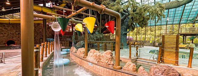 View of the Wild Bear Falls Water Park with Lazy River and 2 Large Water Slides in the background wide